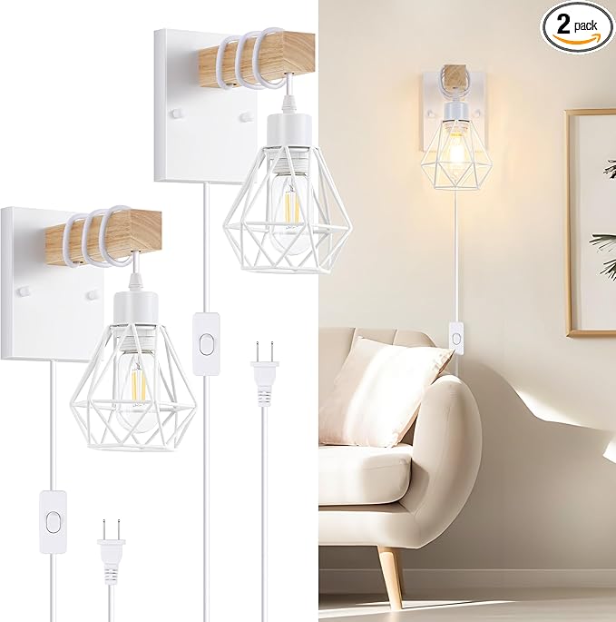 Lomoky White Plug in Wall Sconces Set of Two, Modern Wall Lights by Lomoky