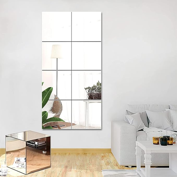 JUNEBRUSHS 8 Pack Self Adhesive Acrylic Mirror, Flexible Plastic Sheets Wall by JUNEBRUSHS