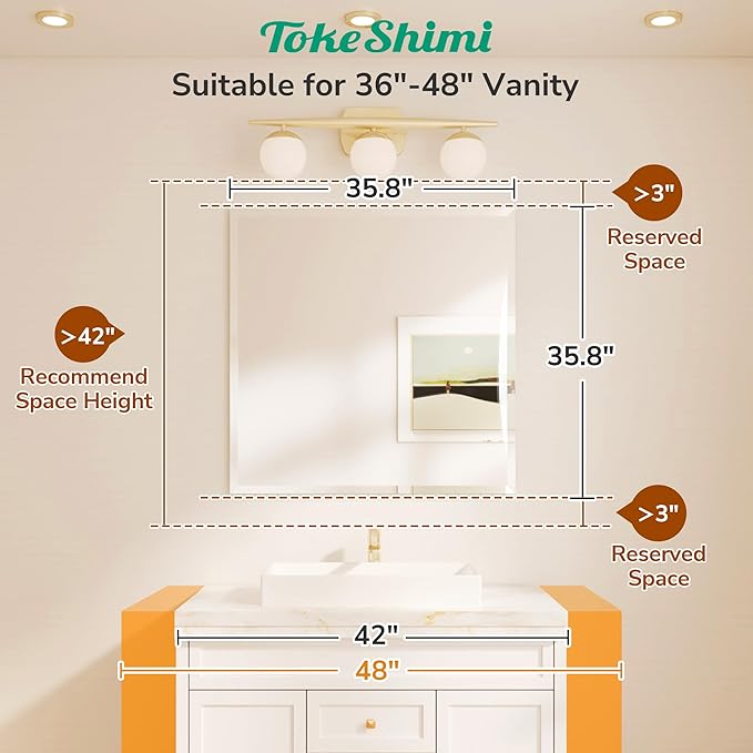 TokeShimi 36x36 Beveled Mirror Frameless Tempered, Rectangle Bathroom Mirror - Image 2