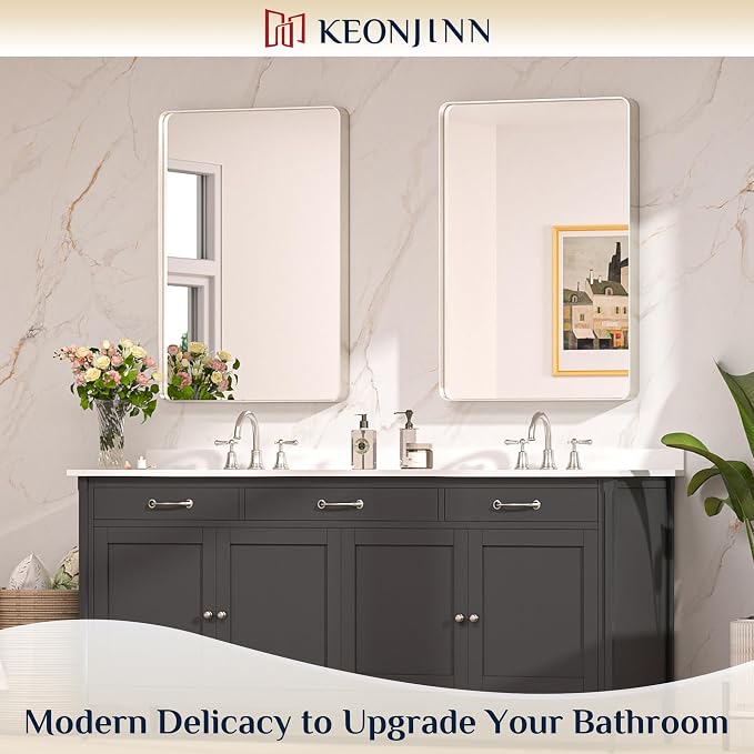 Keonjinn Brushed Nickel Mirror 24” x 36” Silver Bathroom Mirror - Image 2