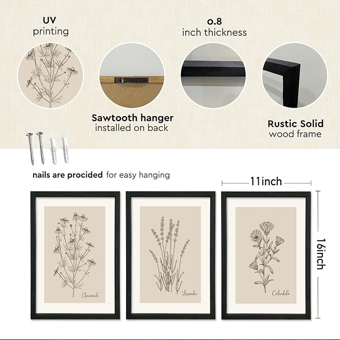 YWJKWLGS Vintage Botanical Wall Art 11x16 Inch Set Of 3 Wooded Framed - Image 2