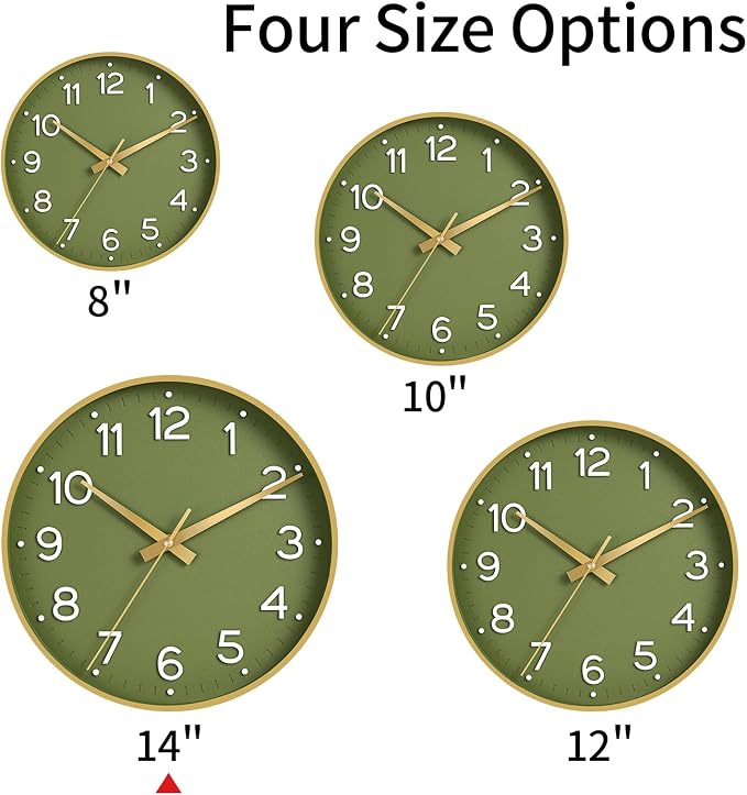Roymnie Wall Clock 14 Inch Silent Green Wall Clocks Battery Operated- Modern - Image 2