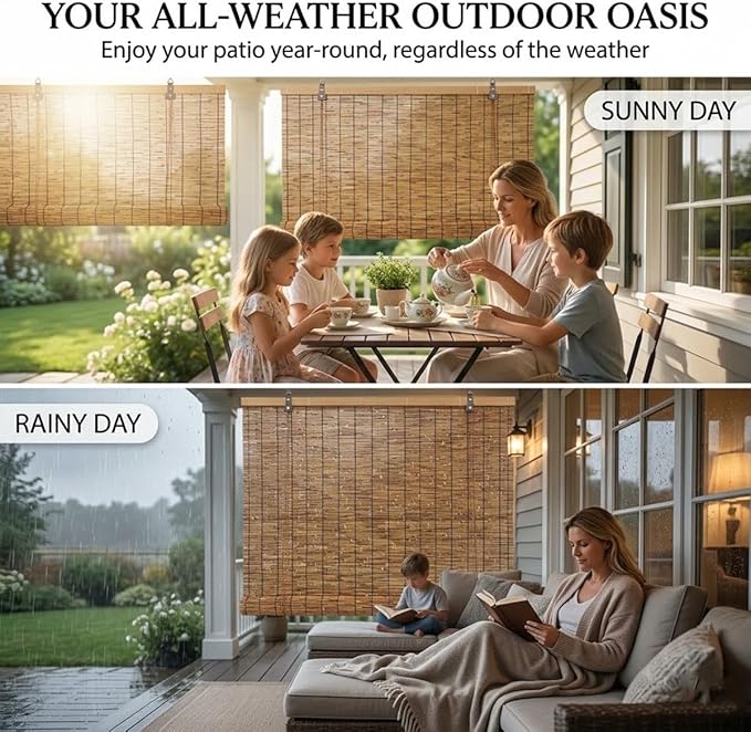 Outdoor Bamboo Roller Blinds 72 84 108 64 48 36" W, Natural Reed Patio Shades - Image 5