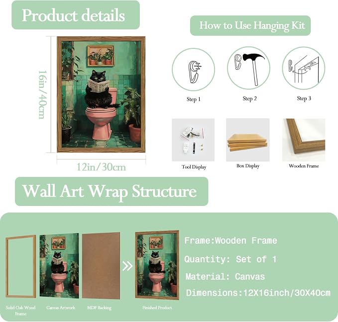Funny Bathroom Cat Wall Art, Humorous Black Cat Restroom Wall Decor Paintings - Image 2