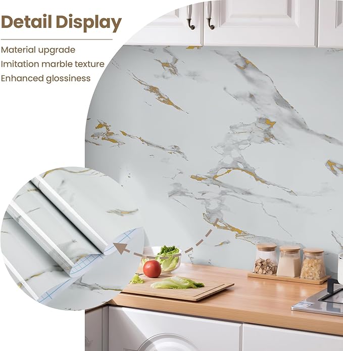 practicalWs Glossy Marble Wallpaper Peel and Stick White/Gold Granite Contact - Image 3