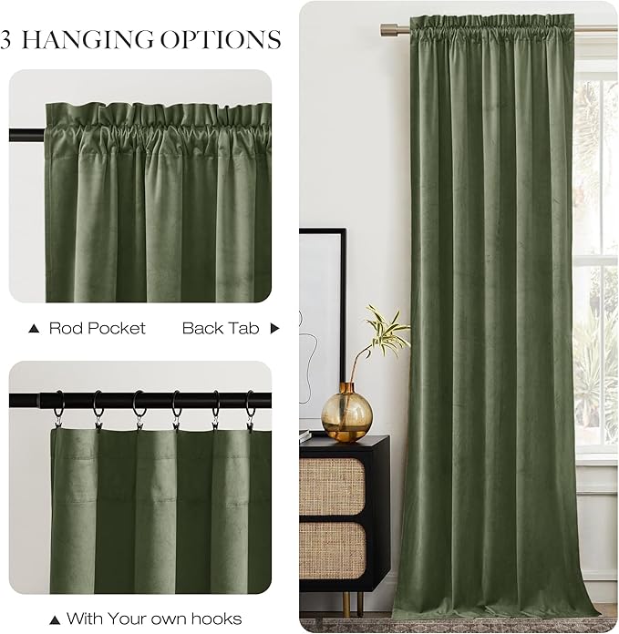 NICETOWN Sage Green Velvet Curtains 90 inches Long 2 Panels, Semi Room - Image 6