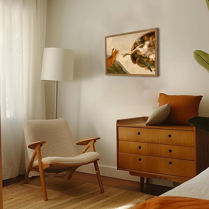 Funny Orange Cat Wall Art Creation of Adam and Cat Wall Decor Painting - Image 6
