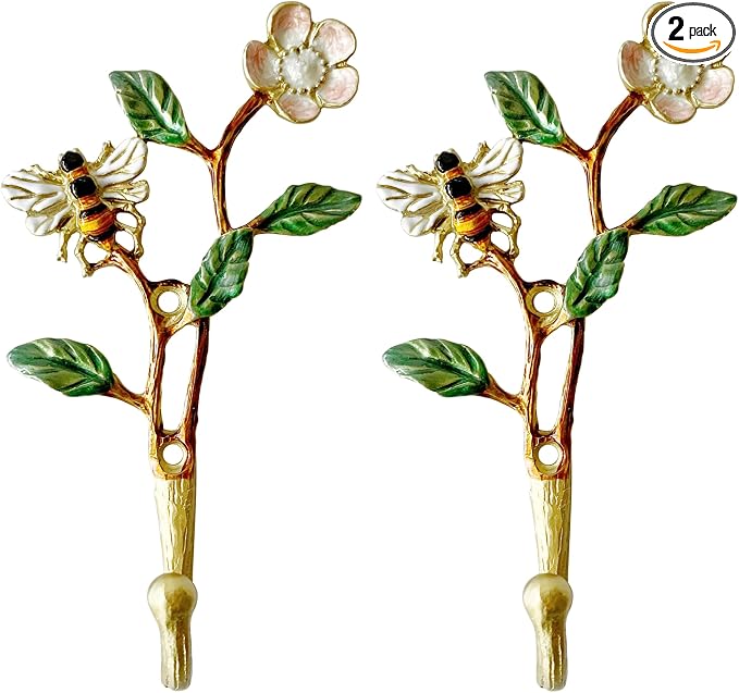 Vintage Bee-Shaped Decorative Wall Hooks, 2 Pack Hand-Painted Floral Metal Wall by Zorues