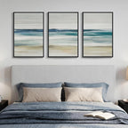 Framed Abstract Coastal Wall Art Bedroom, 3 Piece Blue Beach Landscape Canvas by Cuspin