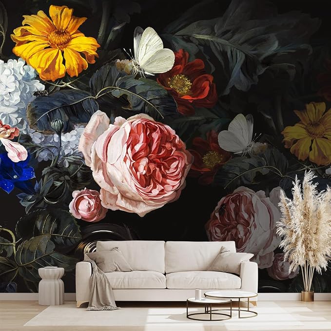 Vintage Black Flowers Mural Bedroom Peony Floral Wallpaper Room Decor Living by WXHFM