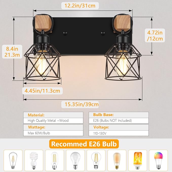 FadimiKoo 2-Light Farmhouse Bathroom Vanity Light Fixtures, Wood Bathroom - Image 2