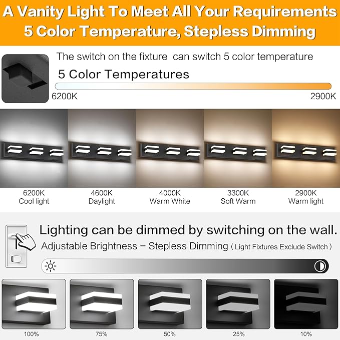 SOLFART 5 Color Temperature Adjustable Black 3 Lights Bathroom Vanity Fixtures - Image 2