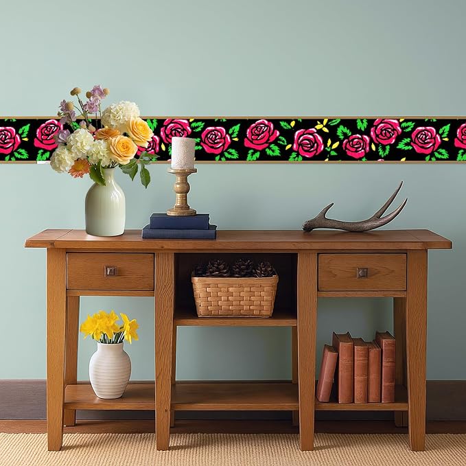 Red Rose Wall Border 196x4 Inch Peel and Stick Floral Wallpaper Border Black - Image 6