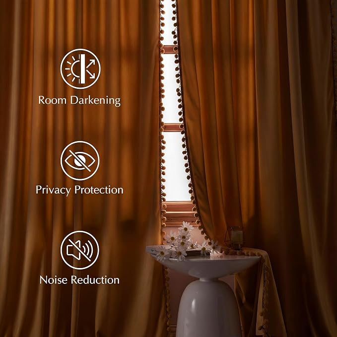NICETOWN Mustard Gold Pom Pom Velvet Curtains 8 ft Long - Image 4