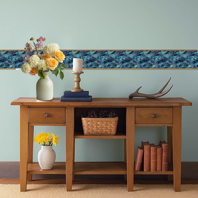 Blue Geometric Mosaic Wallpaper Border 196x4 Inch Peel and Stick Wall Border - Image 6
