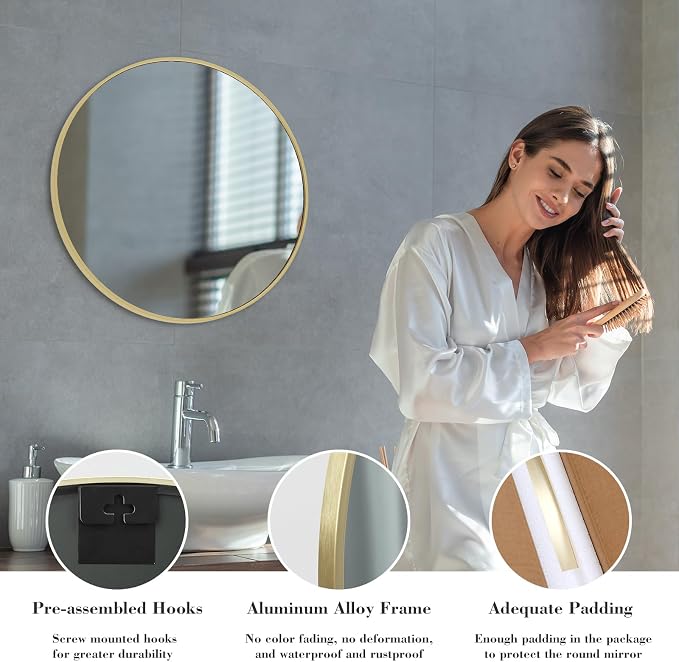 NEWBULIG Round Bathroom Mirror for Over Sink, 24 Inch Wall Mount Vanity Circle - Image 4