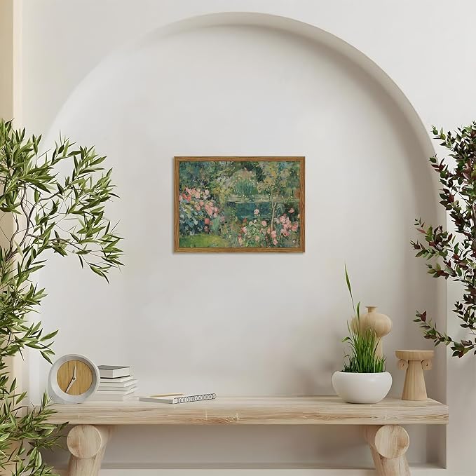 Framed Vintage Floral Landscape Canvas Wall Art, Rose Garden Pond Wall Decor - Image 5