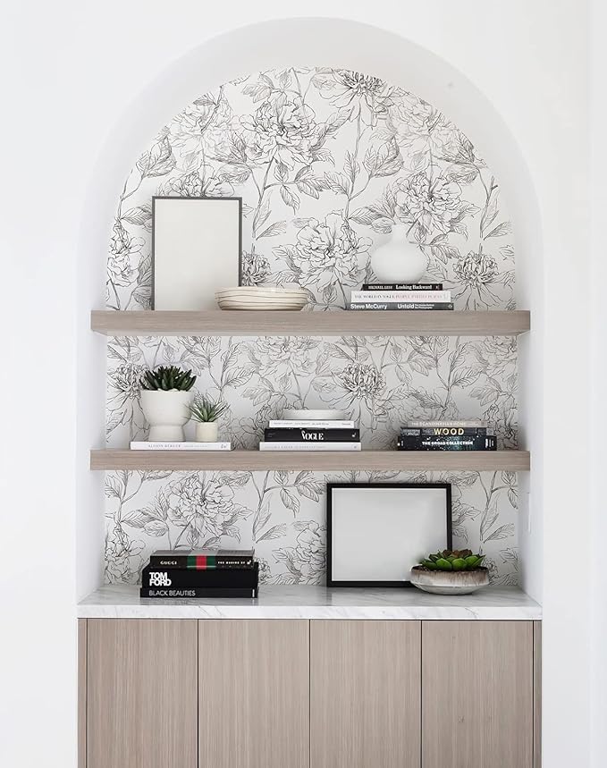 JiffDiff Black and White Floral Wallpaper 17.3" x 394" Peonies Removable Peel - Image 7