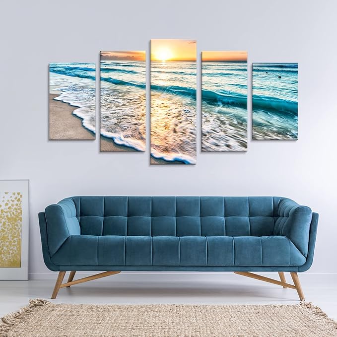 Goldfoilart 5 Pieces Beach Coastal Wall Art Sea Sunset Seascape Pictures Ocean - Image 7