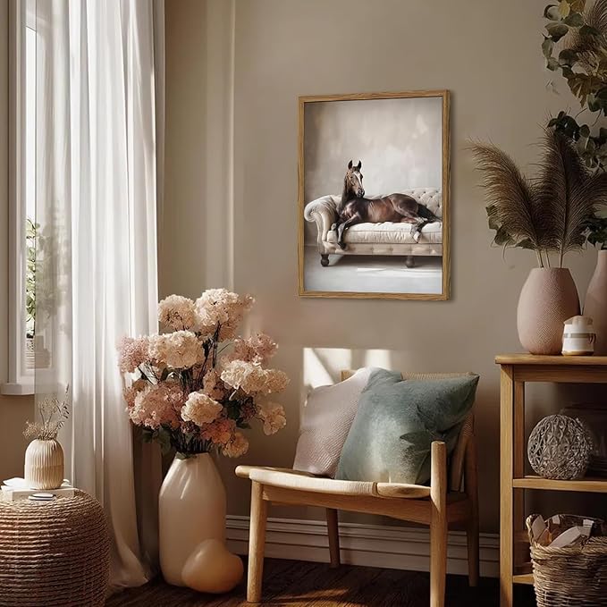 Framed Funny Horse Canvas Wall Art, Vintage Western Brown Horse On Sofa - Image 5