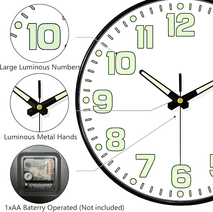 12 Inch Silent Wall Clocks Battery Operated, Glow in The Dark Wall Clock - Image 8