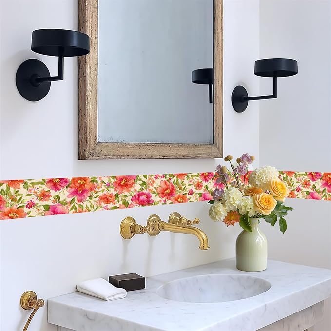 Orange Floral Wallpaper Border 196x4 Inch Peel and Stick Wall Border Watercolor - Image 5