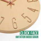 Wall Clock 12 Inch Silent Non-Ticking Imitation Wood Indoor Clock Round Beige - Image 5