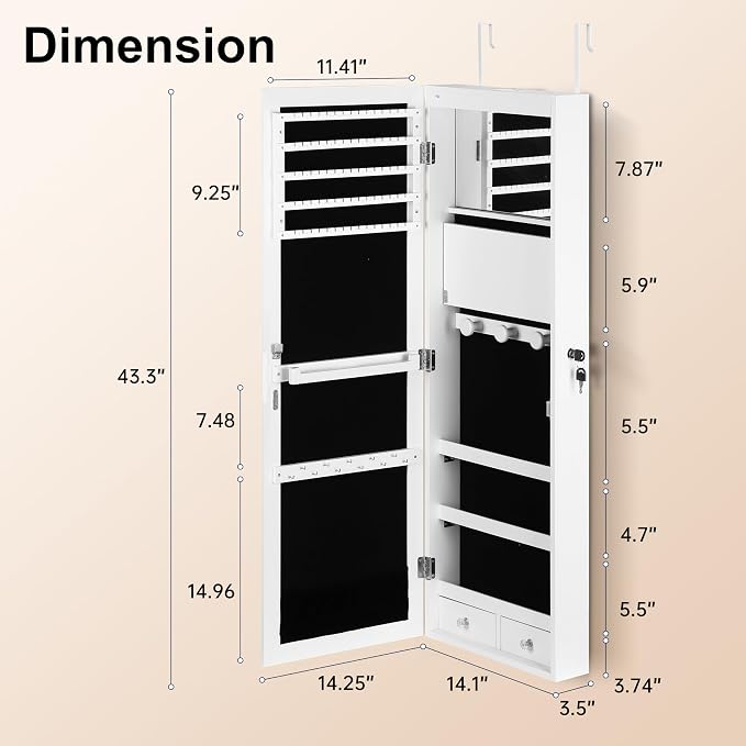 Mirror Jewelry Cabinet, Wall/Door Mounted Jewelry Armoire - Image 5