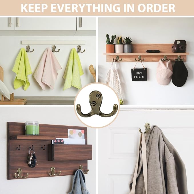 Homanu 14 Pack Coat Hooks, Heavy Duty Double Prong Coat Hooks Wall Mounted - Image 2
