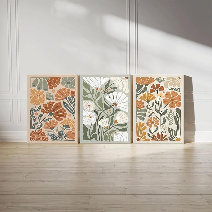 KISSFOX 3 Piece Framed Wall Art Floral Wall Decor Flower Canvas Art Green Beige - Image 5