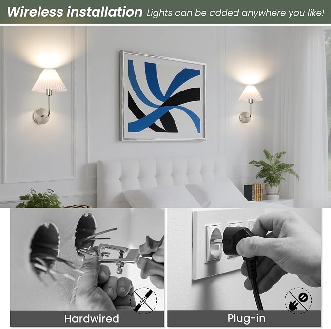 Wireless Wall Sconce Sets of 2, Pleated Shades Rechargeable Battery Operated - Image 8