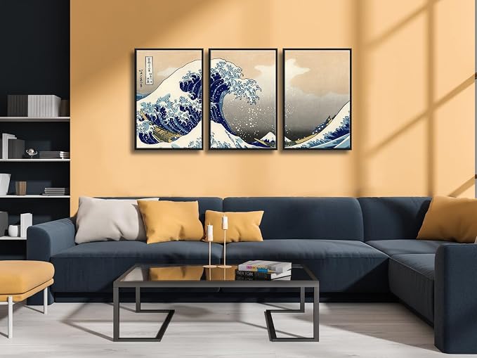 Wieco Art Black Framed Great Wave of Kanagawa Katsushika Hokusai 3 Piece Modern - Image 3