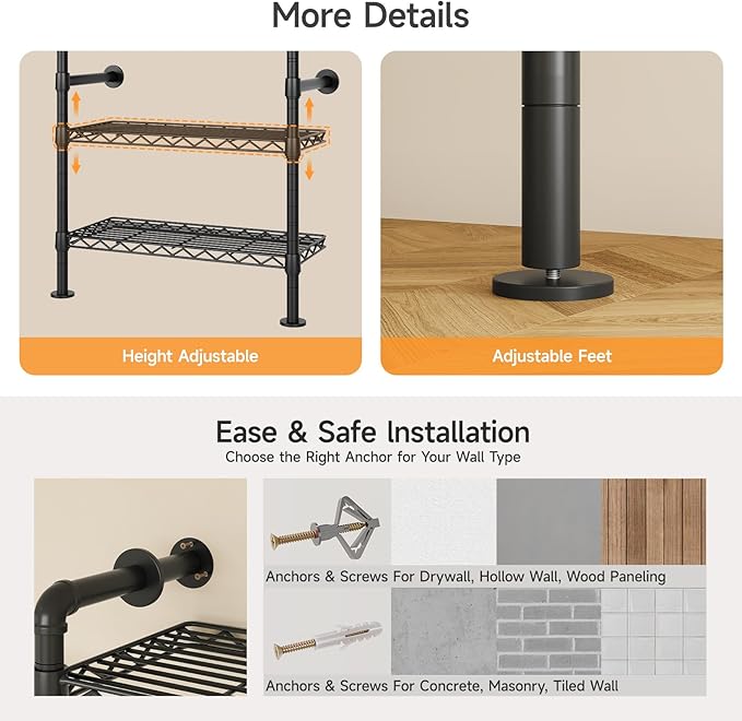 ONBRILL L7 Wall Mounted Industrial Pipe Clothing Rack – Heavy Duty Modular - Image 8