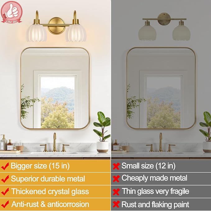2-Light Bathroom Vanity Light, Brushed Gold Bathroom Light Fixtures - Image 4