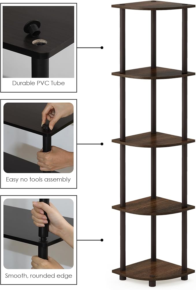 Furinno TURN-N-TUBE Corner Shelf Set of 2, 5-Tier Corner Bookshelf, Open - Image 4