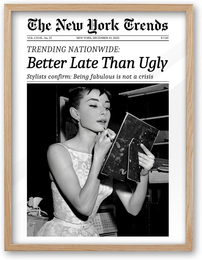 iHery Natural OAK Wood Audrey Hepburn Trendy Framed Wall Art, Better Late Than by iHery