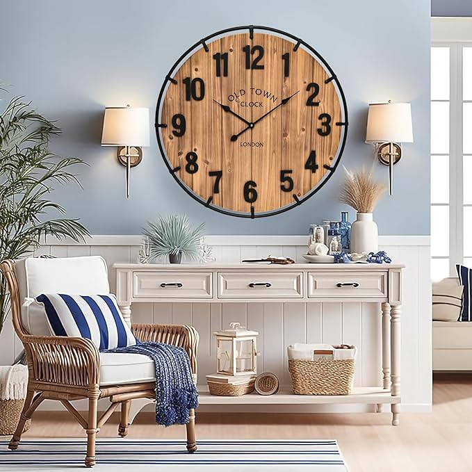 EMAX HOME Large Old Town Farmhouse Wall Clock 30 Inches Rustic Antique Wood - Image 2