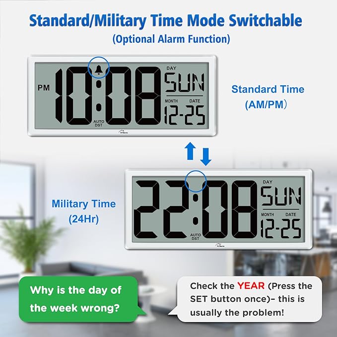 WallarGe 14.5'' Large Digital Wall Clock Battery Operated - Image 4