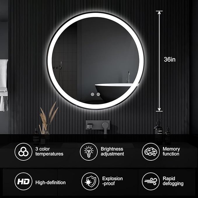 NEWBULIG 36 Inch Round LED Bathroom Wall Mirror - Image 2