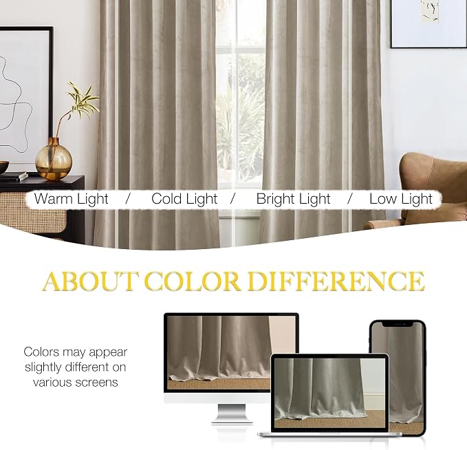 NICETOWN Camel Velvet Curtains 84 Inch Long 52 Wide, Room Darkening Drapes - Image 4