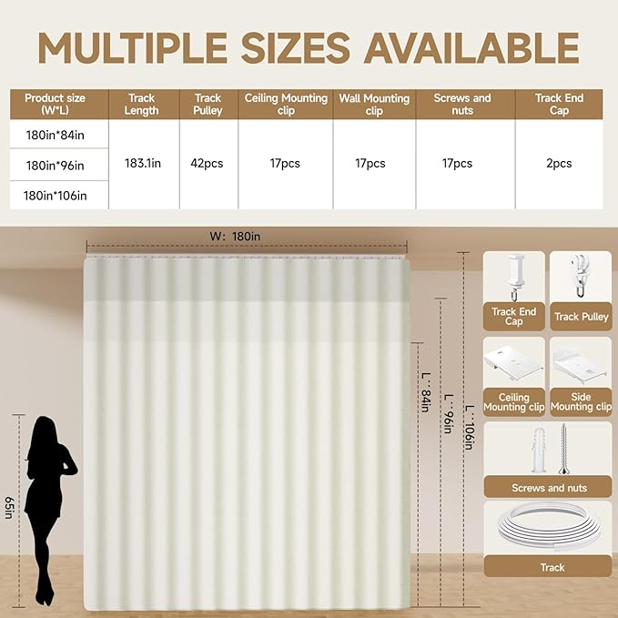 Room Divider Ceiling Curtains W/Flexible Track Sets, inch Extra Long Blackout - Image 6