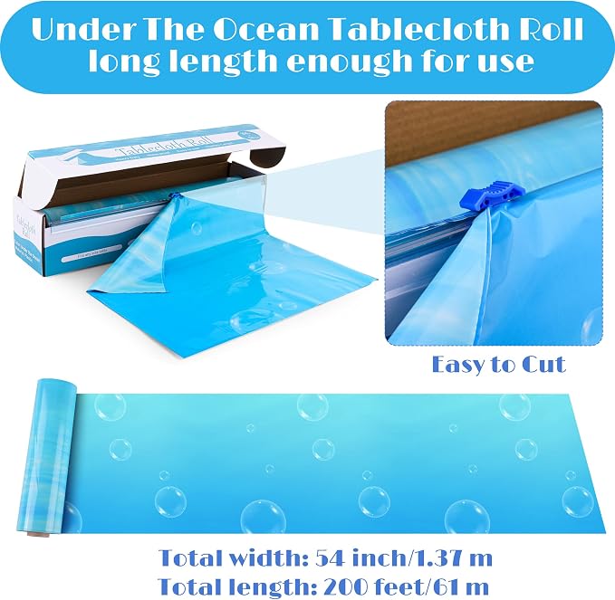 Kochorie 54 Inch x 100 Ft Ocean Waves Plastic Tablecloth Roll in Slide Cutter - Image 2