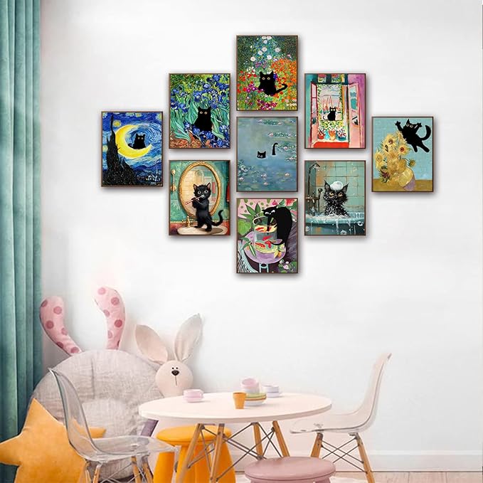 9Pcs Funny Black Cat Wall Art Cats in van gogh Famous Paintings Posters Prints - Image 5