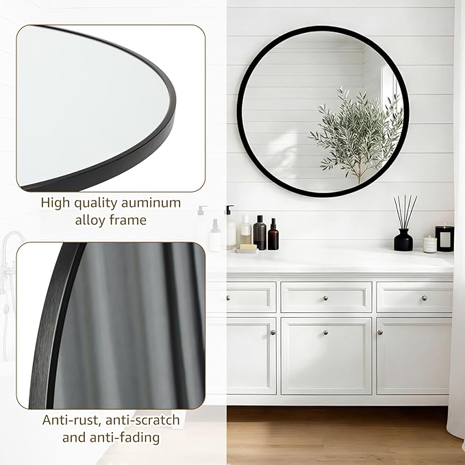 DUMOS 24 Inch Round Wall Mirror, Bathroom Mirror - Image 4