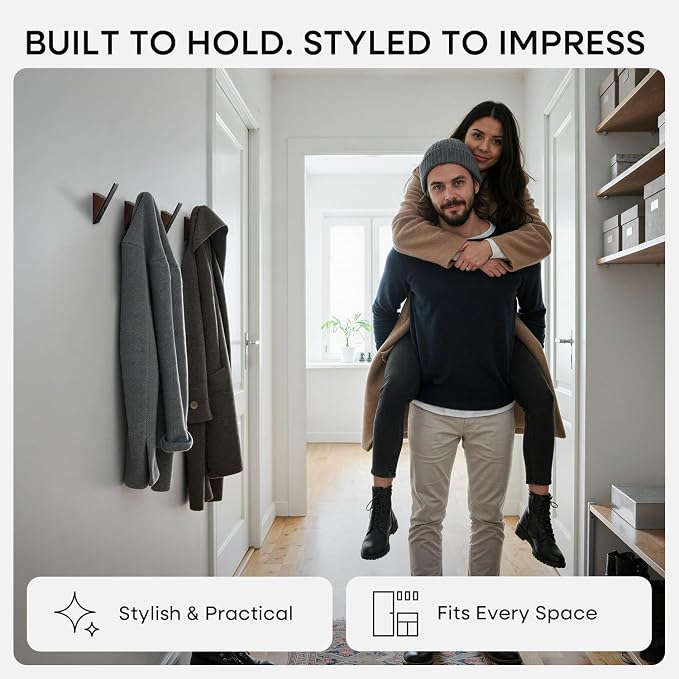 Homeforia Walnut Wood Coat Hooks, High End Walnut Wood & Black Metal Wall - Image 2