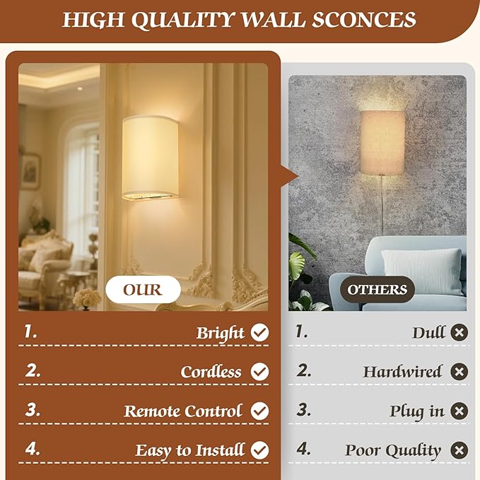 OCATO Battery Operated Wall Sconce: Wireless Wall Sconces Set of Two Battery - Image 6