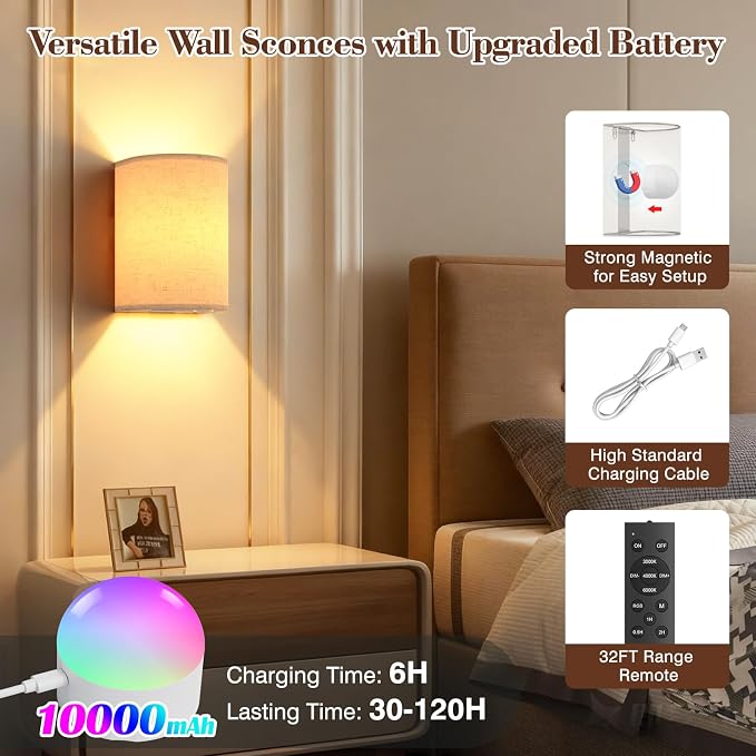 Battery Operated Wall Sconce Set of Two: 10000mAh Wireless Wall Light - Image 6
