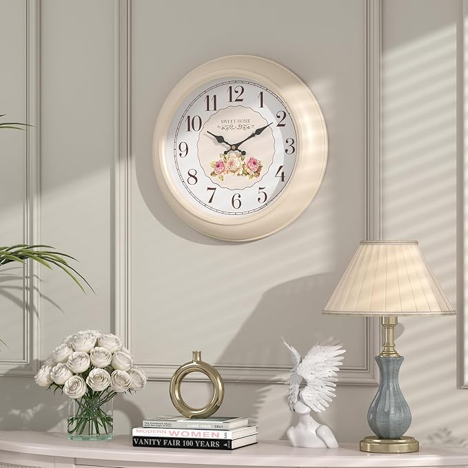 Abdurey Sweet French Rose Style Wall Clock, Battery Operated Silent, Creamy - Image 5