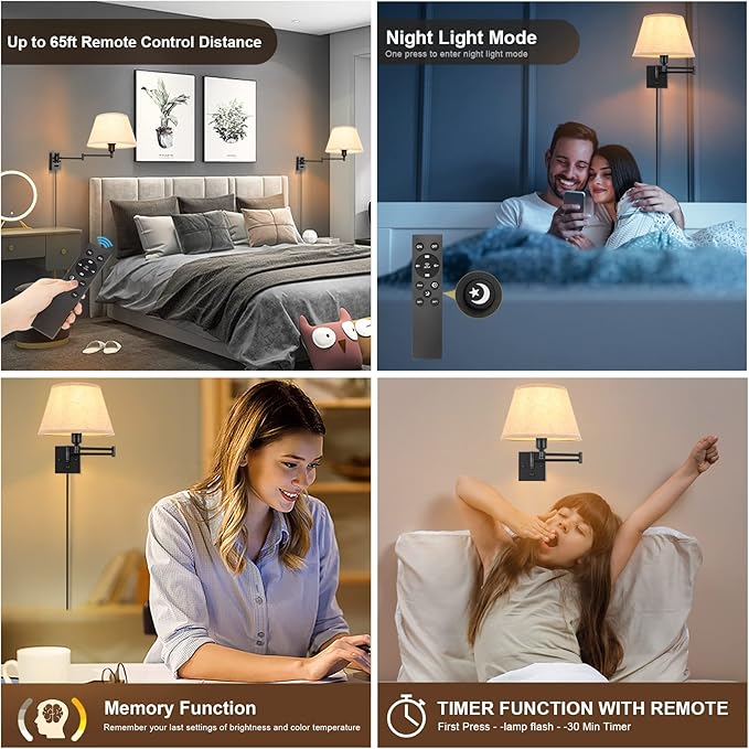 TRLIFE Wall Sconce Plug in, Remote Control Dimming 10-100% and Adjustable Color - Image 3