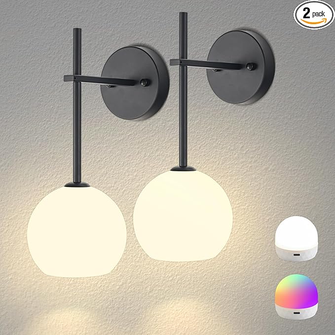 Black Battery Operated Wall Sconces Set of 2, Rechargeable Wireless Wall Lights by KeepShinning
